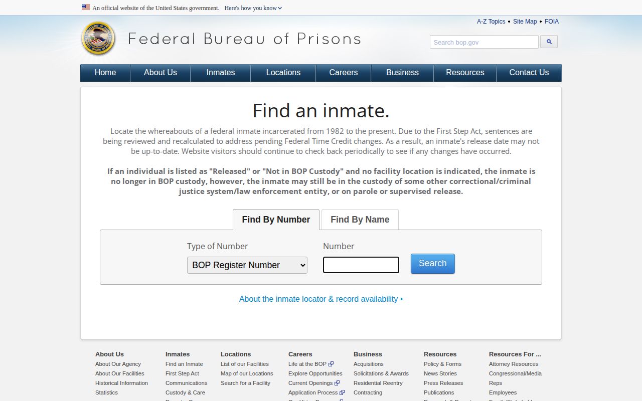 Federal BOP search methods for a Shannon County custody transfer or release
