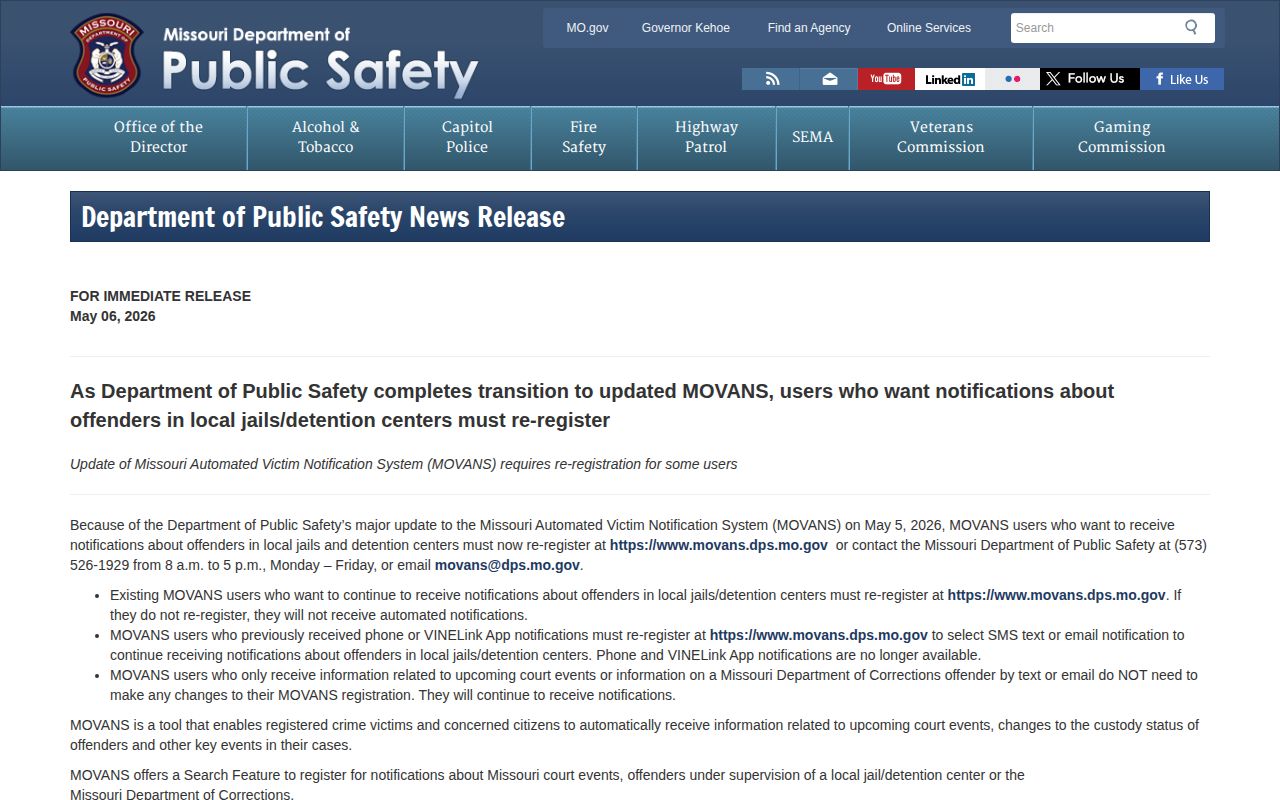 Missouri MOVANS transition notice relevant to Shannon County 72-hour releases